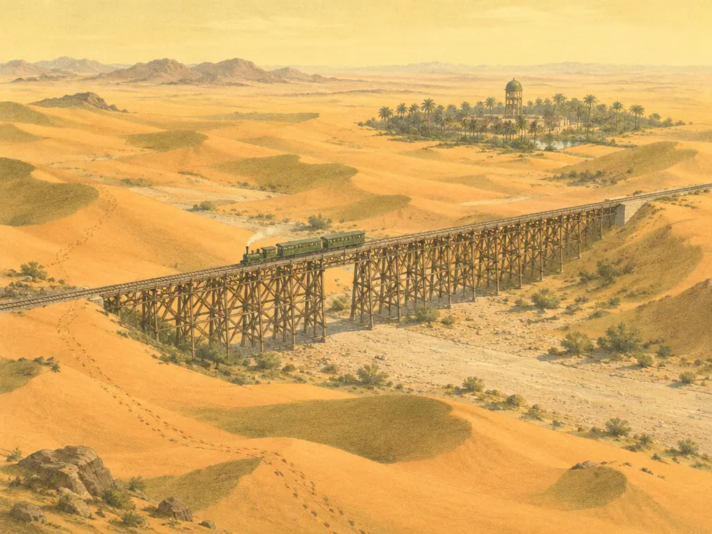 Pemandangan dari atas: kereta hijau zaitun melintasi jembatan kayu panjang di antara bukit pasir, oasis dan menara air di kejauhan.