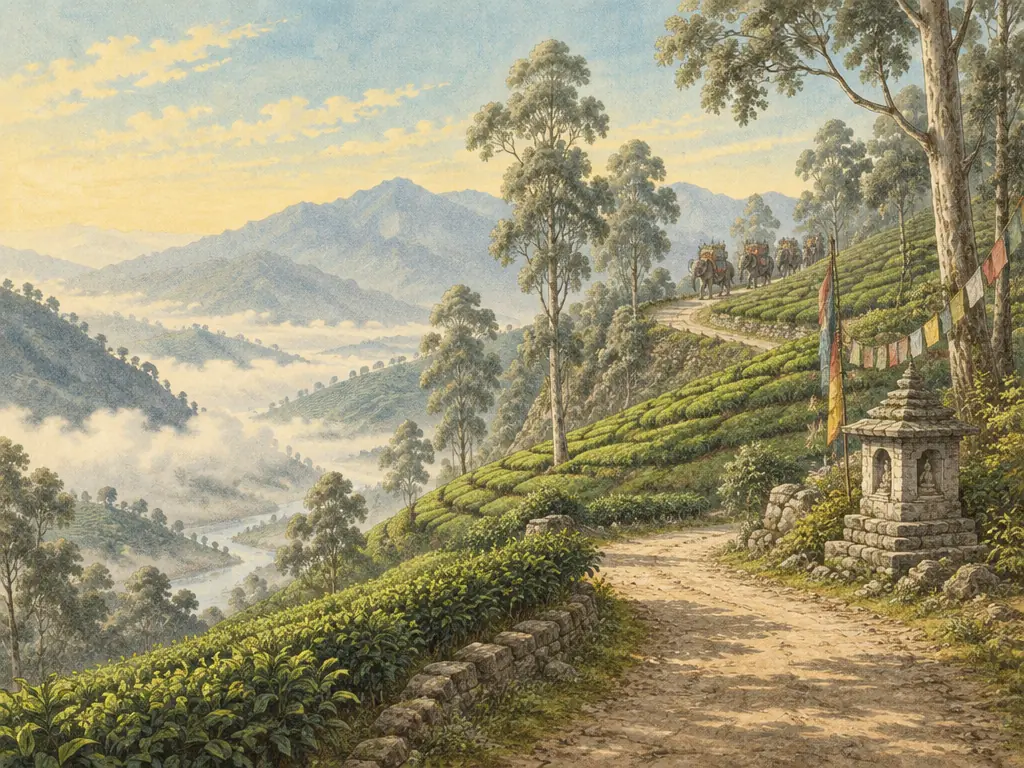 Jalan tanah berkelok di antara kebun teh berteras, kabut di lembah, kuil batu kecil dan bendera doa di tikungan.