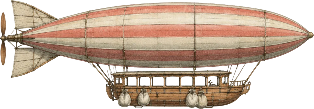 Kapal udara pos bergaris merah pudar dan krem, gondola kayu dengan karung surat, terbang ke kanan melewati meridian.
