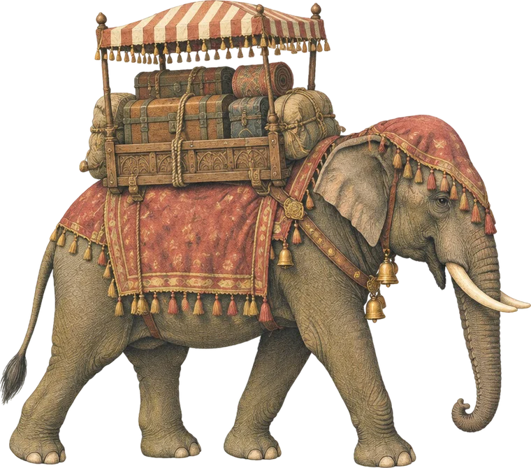 Gajah karavan berselimut merah membawa tumpukan peti, berjalan ke kanan keluar dari bingkai.